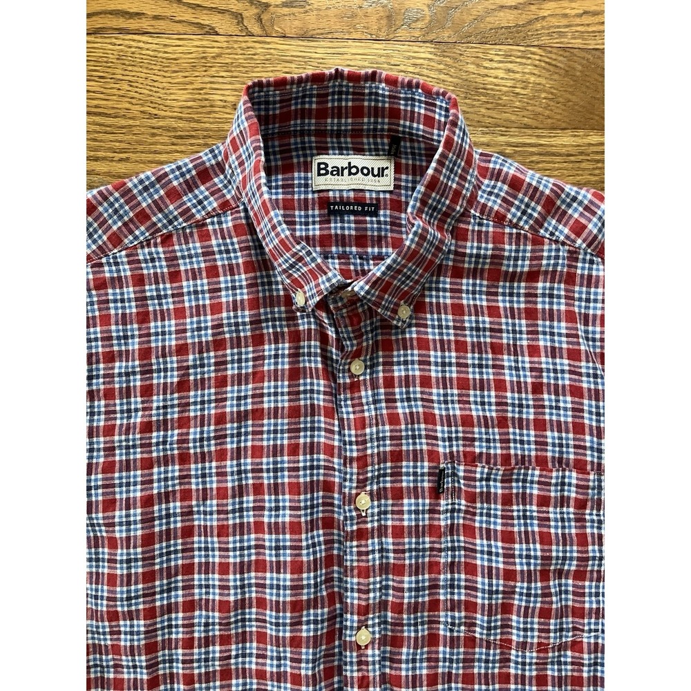 Barbour Red Plaid Short Sleeve Button Down Shirt Men's Medium 100% Linen